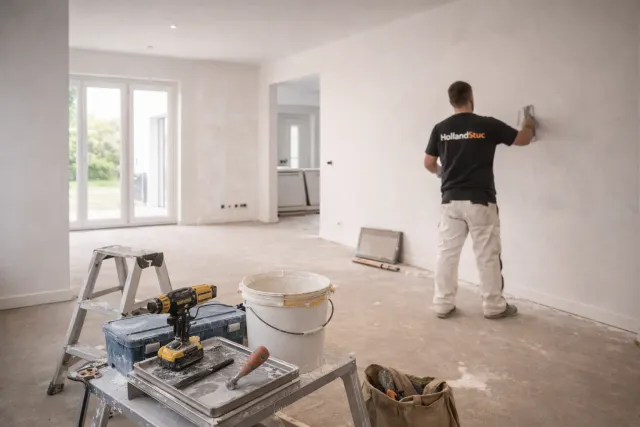 HollandStuc vakman bij nieuwbouwwoning met strak stucwerk.