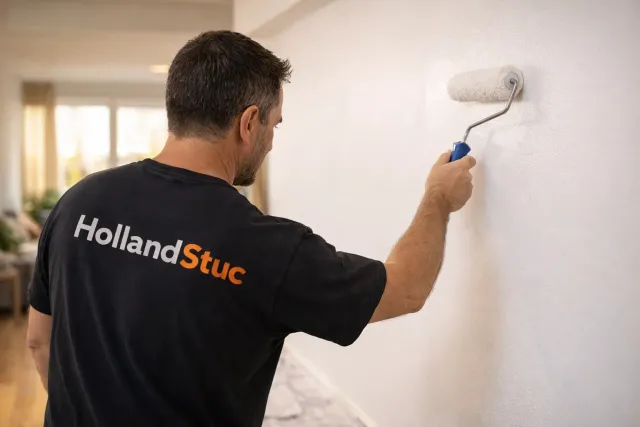 Schilder van HollandStuc die een wand en plafond schildert in een schone renovatieruimte.